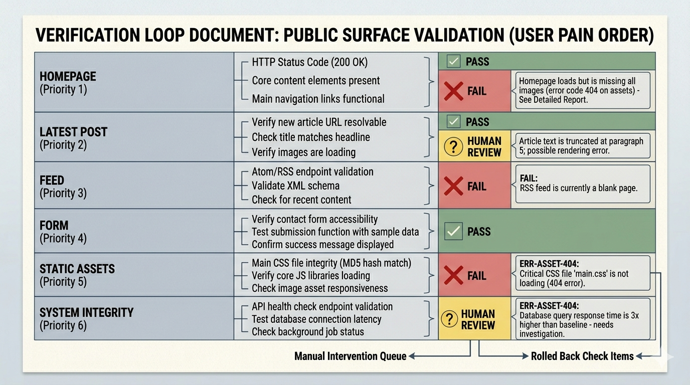 A document-style verification loop showing homepage, latest post, feed, form, and static asset checks, each ending in pass, fail, or review.