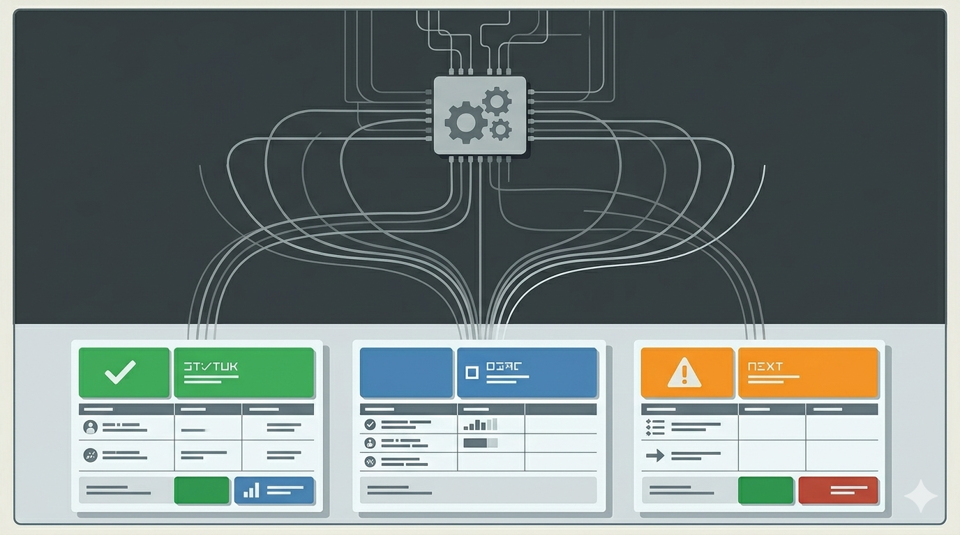 A practical structure image showing one automation source feeding a report divided into status, failure reason, and next action sections.